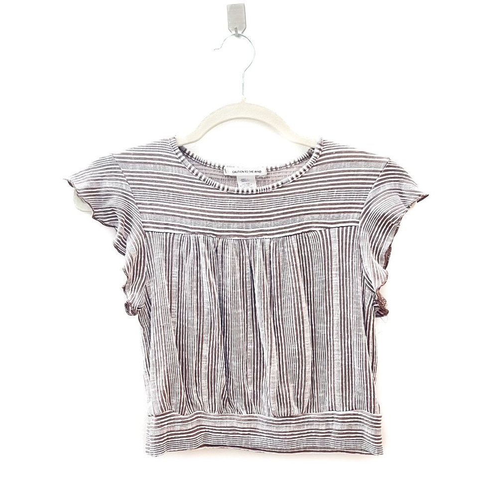 Caution to the Wind Striped Flutter Sleeve Crop Top Small
